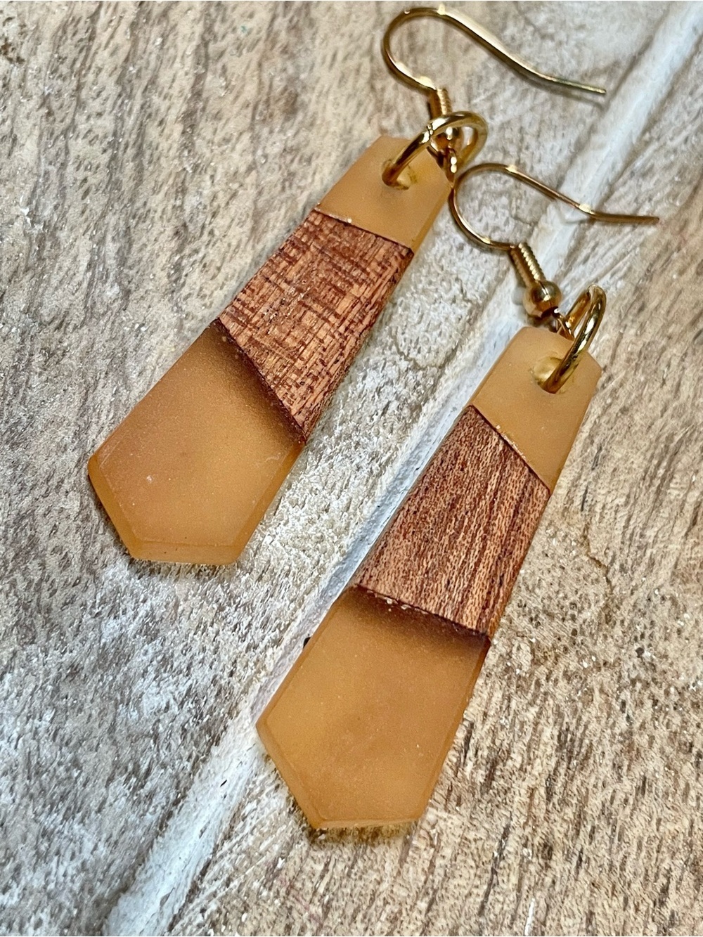 Handcrafted Wood and Apricot Colored Resin Earrings - Elegantique Artisan Design